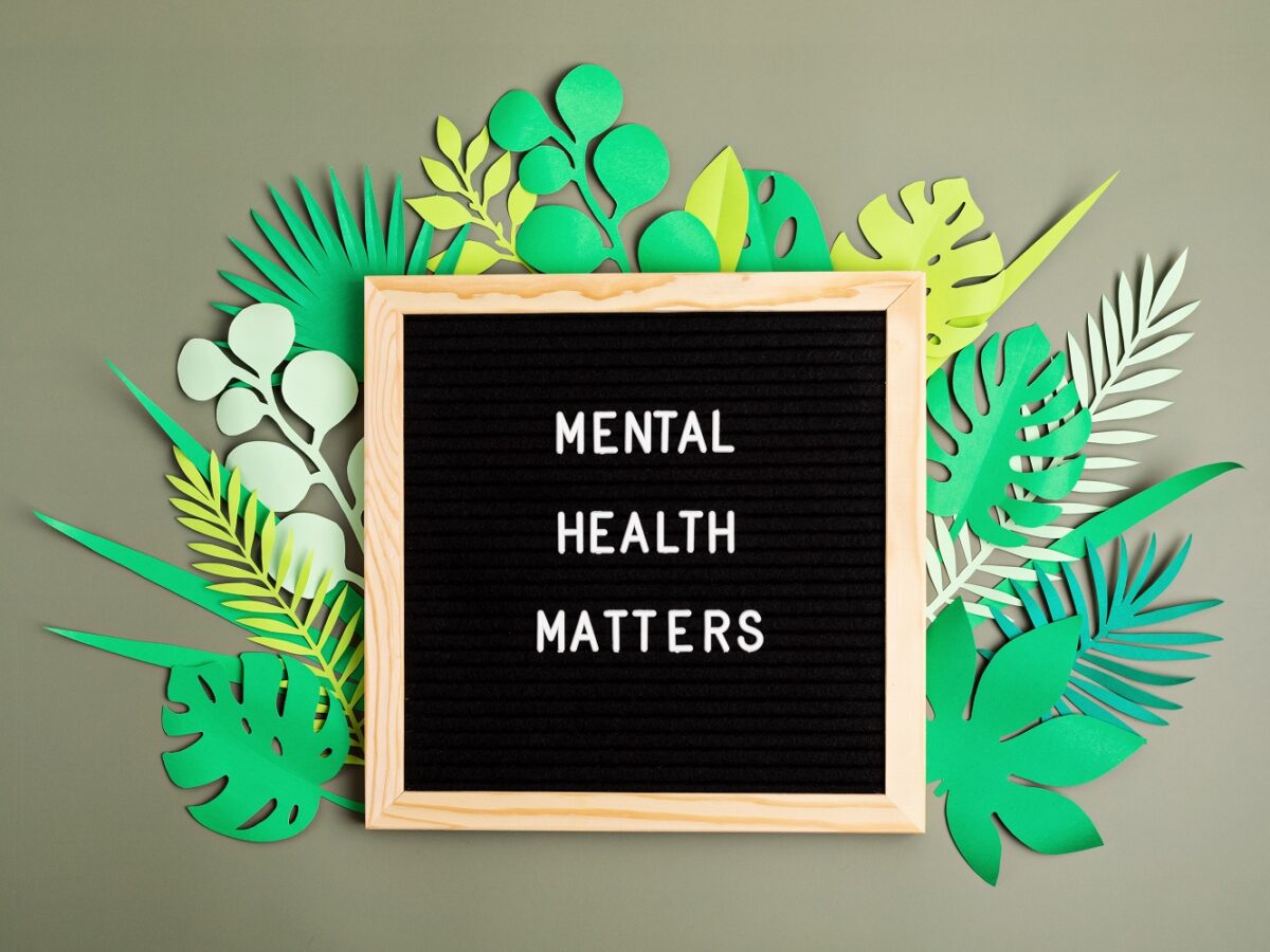 Mental health matters motivational quote on the letter board. Inspiration psycological text with paper cut leaves. Flat lay, top view